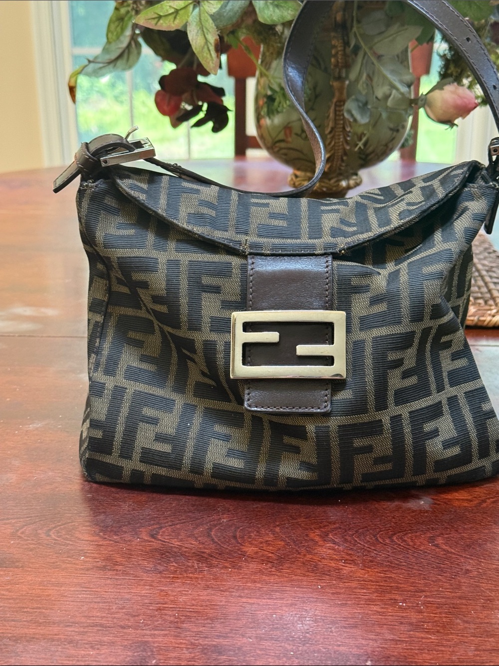 Fendi Monogram Zucca FF Canvas Shoulder Bag in Black and Brown